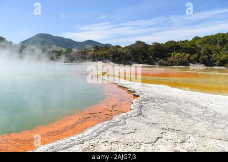 Wellington. 3 Jan, 2020. Foto auf Jan. 3, 2020 zeigt die Landschaft des Wai-O-Tapu Thermal Wonderland in Rotorua, Neuseeland. Die Wai-O-Tapu Thermal Wonderland ist ein Teil einer szenischen Reserve von über 18 Quadratkilometern. Ungefähr 160.000 Jahren gebildet, es ist mit eingestürzten Krater, kalt und boiling Pools von Schlamm, Wasser und dampfende Fumarolen abgedeckt. Aufgrund der unterschiedlichen mineralischen Zusammensetzungen, das Wasser im Pool im Park vorhanden verschiedene Farben wie Grün, Gelb, Rot und Bronze. Quelle: Guo Lei/Xinhua/Alamy leben Nachrichten Stockfoto