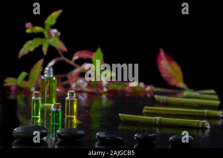 Wunderschöne Spa Komposition mit Zen Basaltsteine und Bambus ätherisches Öl Pflanzen und Blumen auf schwarzem Hintergrund Stockfoto