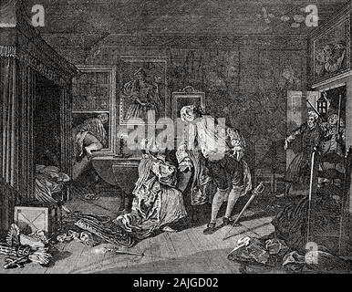 Der Dame Tod, Ehe A-la-Mode, Karikatur von William Hogarth, 1697-1764 Stockfoto