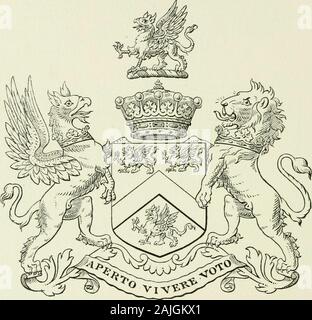 Visitation von England und Wales. 96. AYLESFORD. Arme auf Datensatz in der Hochschule von Waffen, - Argent ein Chevron betweenthree Greife passant Sable. Crest - Griffin passant Sable. Unterstützer. - Dexter, ein Greif sable ducally gesättigt oder; Sinister, ein Löwe orducally Azure gesättigt. Motto. - Aperto vivere voto. aylesforii. Heneage Finch, Graf von Aylesford und Baron von Guernsey = den Adelsstand von Großbritannien (2. überlebende Sohn des Heneage, 4 Graf von Aylesford, von Lady Louisa seine Frau, die älteste dau. ofThomas, ist Marquis von Bath); Geboren am 24. April, Bapt. im St. James, Westminster, 25. Mai 1786; der Kirche Christi, Oxf Stockfoto