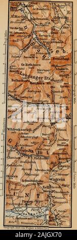 Der Ostalpen: einschließlich der Bayerischen Hochland, Tirol, Salzkammergut, Steiermark, Kärnten, Krain und Istrien Handbuch für Reisende. Rau die Guard, - das Ende - Beförderung in jedem Zug auf den österreichischen Bergbahnen ist im Allgemeinen eine offene Erster-Klasse-Abteil, mit einem freien Blick auf jeder Seite^ Second-class Passagiere können diese Beförderung zwischen zwei beliebigen Stationen l) y eine zusätzliche dritte Klasse (Erganzungsbillet) für diese Distanz. Für kreisförmige Touren, jedoch die Reisenden wird empfohlen, zuerst zu nehmen-Klasse Tickets. (Ansichten generell auf der rechten Seite.) von Salzburg nach{i^M.) GolUng Stockfoto