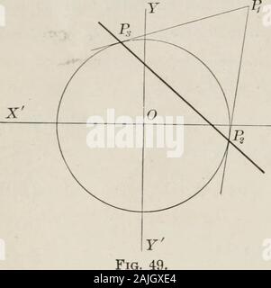 Flugzeug und solide analytische Geometrie; eine elementare Lehrbuch. x + Ey + F = 0. 59. Akkord. - Wir haben gesehen, dass aus anypoint Px außerhalb des Kreises x 2 + yz = r2, zwei Tangenten können auf den Kreis gezeichnet. Lassen Sie es sein, die erforderlich sind, um die analytische Geometrie [Ch. Zu finden VII, § 59 Gleichung der Akkord P2 P3 durch 2 Punkte Contact ernennt Dieser Tangenten. Die Gleichungen der Tangenten, die P2 und P3 PX Px sind (nach [28]) und x3x+y $ = r 2. Diese beiden equationsX muss durch Auf Vi zufrieden sein) - Daher x2xx - f y 2 yx = r2 und x3 XT+ y3 y1 = r 2. Aber das sind nur die theconditions besatisfied muss, wenn die Punkte P2 ein Stockfoto