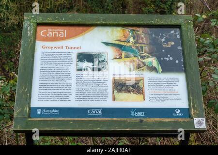 Infotafel am Greywell Tunnel auf der Basingstoke Canal in Hampshire, Großbritannien. Interpretierende board mit Informationen über den Tunnel Geschichte und Fledermäuse Stockfoto