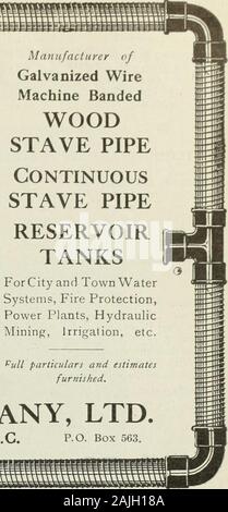 Kanadische Ingenieur. 4" in. Durchgehende Lamellen. Werk: 1551 Granville Street, Vancouver, B.C.. Hersteller von Verzinkten WireMachine gebändert WOODSTAVE ROHR durchgehende Lamellen ROHR RESERVOIRTANKS ForCity und Stadt WaterSystems, Brandschutz, Kraftwerke, HydraulicMining?, Bewässerung usw. WETTLAUFERS HERZFÖRMIGE MISCHER LEICHT VON JOB ZU JOB Test afterhas ofmaintenance testthat provedthey bedeuten niedrige Kosten, zusammen mit Capa-city, Stärke, anddurability. Demonstrat ionsdaily, in allen ourbranchesand warerooms. Schreiben Sie für igi 2 Kataloge. Winnipeg Büro: HOOTON & MOORE, 710 Erbauer-austausch, Stockfoto