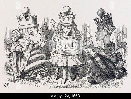 ALICE Through the looking-glass (1871) von Lewis Carroll. Alice mit den roten und weißen Königinnen gezeichnet von John Tenniel Stockfoto