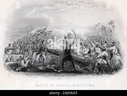 Schlacht von ASSAYE 23. September 1803. Eine in der Nähe von zeitgenössischen Print zeigt Britische Truppen an, die in enger Verbindung mit der Maratha Soldaten links Stockfoto
