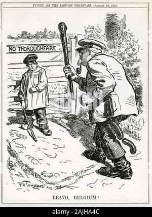 BRAVO, Belgien! Karikatur aus dem Punch magazine 12 August 1914 von Frederick Townsend zeigt eine kleine belgische Junge stehend auf einer aggressiven Deutschland Stockfoto