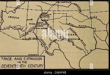 Geschichte und Regierung von New Mexiko. ect. von Havanna nach New Mexico und die lange anddifficult Überlandfahrt von Mexico City Nord zu vermeiden. 1634 Kapitän Alonso Baca führte eine Expedition eighthundred Meilen nordöstlich auf der Suche nach Quivira; andthroughout das Jahrhundert neue mexikanische Grenzer tradedat El Cuartelejo (elkwar-ta-la/Ho), eine Apache Dorf von der Arkansas. 72. Die Expansion in die Texas Land. - 1629 Väter Salas (Salas) und Lopez mit ein paar Soldaten wenta hundert Meilen südöstlich von Santa Fe in das Land 6 o DIE GESCHICHTE VON NEW MEXIKO der freundlich Jumano In Stockfoto