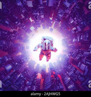 Raum-zeit-Singularität/3D-Darstellung von Astronauten schweben in abstrakten alien Maschine Stockfoto