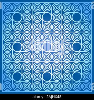 Blauer Hintergrund von neun quadratische Fliesen, aus arithmetischen Spiralen in einem Kreis. Muster der Archimedischen Spirale der gleichen Abständen. Stockfoto