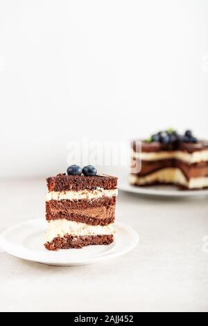 Die belgische Schokolade 2-in-1-Torte. Schichten von feuchten choco Schwamm, Vanillecreme und nachsichtige dunkle Schokoladenmousse glasiert mit reichen dunklen Schokolade Sauce und Hand mit frischen Blaubeeren eingerichtet Stockfoto
