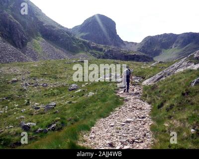 Einsamer Mann in Meall Teangh Mainreachan Fiadhaich th die Stützpfeiler auf der Schottischen Berge Corbett Fuar Tholl, Strathcarron, Scottish Highlands. Stockfoto