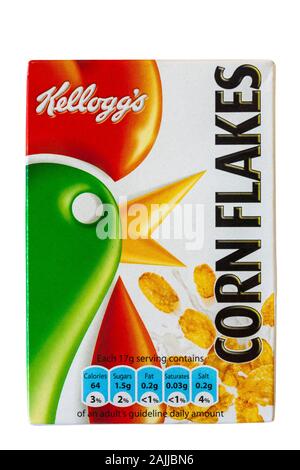 Schachtel Kellogg's Corn Flakes Cerealien, Frühstückszerealien isoliert auf weißem Hintergrund - Kelloggs Cerealien Kellogg Cerealien Stockfoto