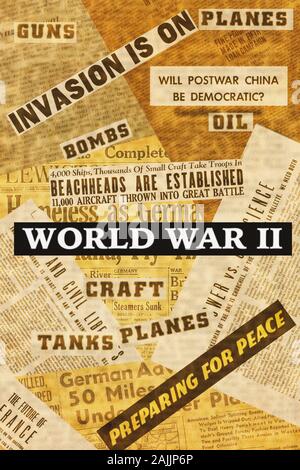 New York, USA - Januar 04, 2020: Collage von newpaper schlagzeilen, zeichnet und Artikel, die während des Zweiten Weltkrieges. Stockfoto