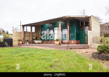 Hirten Hütte Stil mobile holiday home, Medstead, Alton, Hampshire, England, Vereinigtes Königreich. Stockfoto