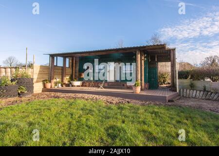 Hirten Hütte Stil mobile holiday home, Medstead, Alton, Hampshire, England, Vereinigtes Königreich. Stockfoto