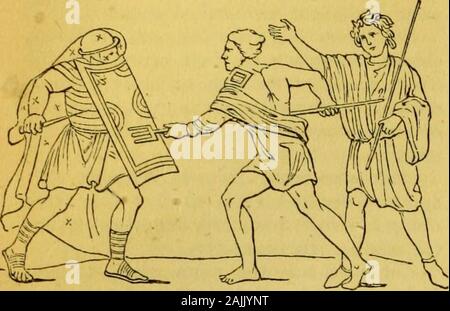 Schule Wörterbuch von Griechischen und Römischen Antiquitäten. Galli genannt, die in der Regel mit der Re-tiarii oder Thraker zugeordnet wurden. Provocatores kämpften mit den Samniten, aber wir wissen nicht, irgendeine Sache respectingthem außer ihren Namen. Retiarii durchgeführt nur drei pointedlance, genannt oder tridens fuscina [Fuscina] und eine Net (REIE), die Sie tothrow über ihre Widersacher bemüht, und Sie mit dem thenattacked fuscina während funktionieren u. verstrickt. Die retiarius wurde dressedin Eine kurze Tunika und trug nichts auf hishead. Wenn er verfehlte sein Ziel in throwins: das Netz, er selbst betook Flug, andendeavo Stockfoto