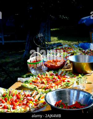 Tabelle der Salate bereit für die abendliche Feier Stockfoto
