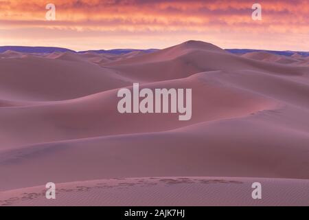 Landschaft der Wüste Sanddünen bei Sonnenuntergang Himmel in der Nähe von Fes, Marokko, Afrika. Entdeckung und Abenteuer reisen Konzept. Sonnenlicht über die Dünen der Wüste. Stockfoto