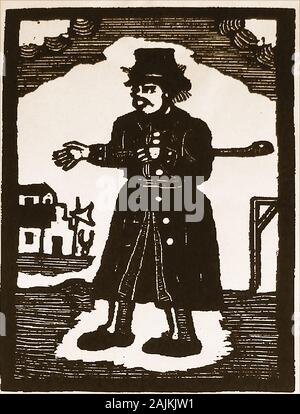 Ein holzschnitt aus dem 17. Jahrhundert eine Beadle/Bedel/Beedle/bedellus der Zeit. Er war ein uniformierter Englisch Pfarrei Offizier, in der Regel an eine Kirche mit verschiedenen Aufgaben je nach Größe der Pfarrei er repräsentierte, (z.b. Pfarrei Constable, Usher, stadtausrufer, Messenger, Wachmann, Assistant oder für andere staatsbürgerlicher Pflichten oder Zeremonien beschäftigt). In der Regel die Post zog eine feste oder variable Gebühr. In der Kapazität von Bang Bettler' Er würde escort Landstreicher (mit Gewalt falls notwendig), um die Pfarrei. Stockfoto