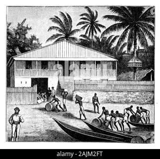 Togo, Westafrika - Sklaven transport Barrel Palmöl, top Ressource des Landes durch die Elaeis guineensis Palm abgeleitet, Abbildung 19. Stockfoto
