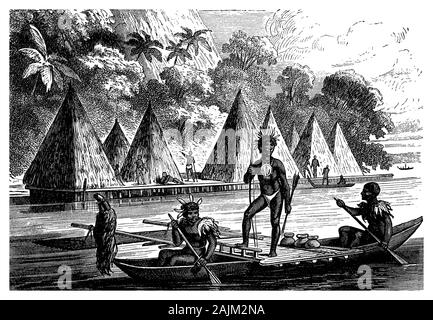 Papua-neuguinea Pfahlbauten angehoben auf Pfählen über dem Meer entlang der Küste oder auf Binnengewässer gebaut, Überschwemmungen, aus Bambus erstellt zu vermeiden und verstärkt mit deck Boards. Stockfoto