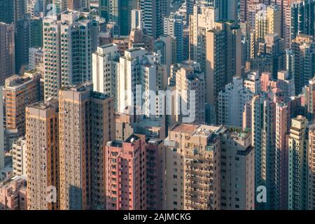 Stadt Antenne, Wolkenkratzer, Gebäude, Innenstadt von Hong Kong Stadtbild Stockfoto