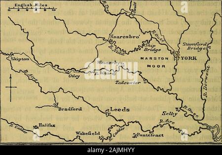 Eine kurze Geschichte von England, von den frühesten Zeiten bis zur Gegenwart. o Retreat, bevor Sie in Cornwall, Redy Brücke, wo seine Armee in Lostwithiel übergab, und Essex himselfescaped vom Meer nach London. Dieser große Erfolg wurde jedoch durch eine noch greaterdisaster im Norden ausgeglichen. Nach Oxford verlassen, Charles hatte orderedPrince Ptupert die Belagerung von York zu erhöhen. Der Prinz machte seinen wayby Cheshire und Lancashire nach Yorkshire, und, nach der Kreuzung mit der theAire in Skipton, und der wharfe in Otley, erreicht den Knaresborough, auf der Nidd. 250 Der Stuarts. [1644 - Als Nachrichten von seiner Ankunft erreicht die Stockfoto