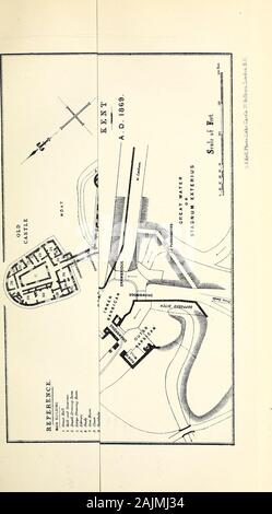 Archaeologia cantiana. hcentury, und andere in der vierzehnten. Die innere Barbican belegt den ersten oder südlichen, Insel. Es wurde mit Hilfe von drei Zugbrücken näherte, correspondingwith die Straßen von Maidstone, Leeds, und Lenham. Dieser inneren Barbican der Strasse von Eintrittskarten overa Steinbrücke von zwei Bögen Prom. Während diese Bögen themselvescomparatively sind modern, die Central Pier zwischen ihnen, und ihre twoabutments Norden und Süden sind die alten Stützen des originaldrawbridges. Die nördliche Widerlager der Brücke steht auf der zweiten, orcentral, Insel, whi Stockfoto