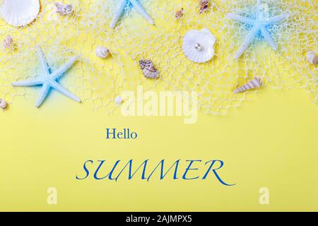 Sommer flatlay, Muscheln und Fischen net auf gelben Hintergrund, Kopie Raum Stockfoto