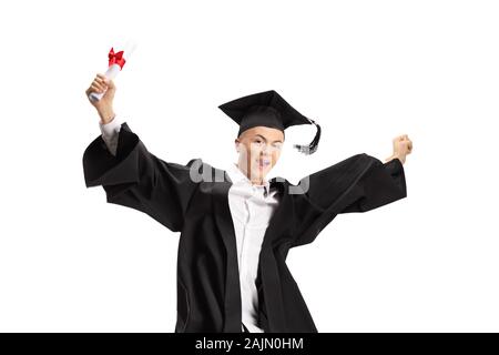 Gerne männliche Schulabgänger mit einem Diplom auf weißem Hintergrund springen Stockfoto