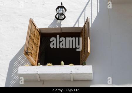 Balkon auf einer Wohnung in Eivissa (Altstadt von Ibiza) Ibiza mit Kaktuspflanzen auf dem Fensterkasten. Ibiza, Balearen, Spanien Stockfoto