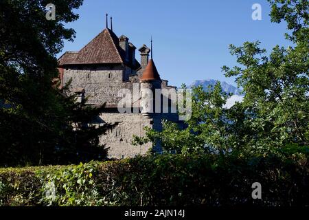 Schloss Chillon, Genfer See, Speicherkraftwerke Veytaux, Waadt, Schweiz. Stockfoto