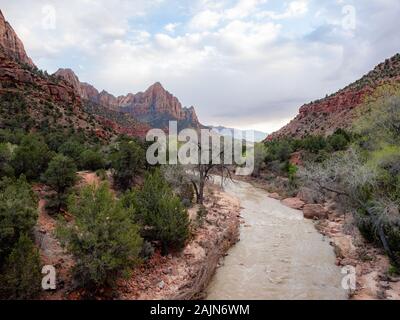 Virgin River vom Canyon Junction Brücke auf dem Mount Carmel HIghway bei Sonnenuntergang, der Zion National Park Stockfoto