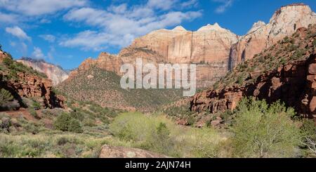 Wächter und Gericht der Patriarchen Formationen im Zion National Park an sonnigen Frühlingstag mit blauem Himmel Stockfoto