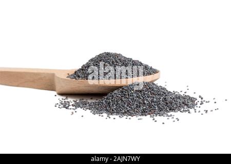 Blauer Mohn in hölzernen Löffel auf weißem Hintergrund. Lebensmittelzutat. Stockfoto