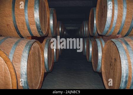 Holz Fässer für die Lagerung von Wein im Keller von der Aurora Weingut bei Bento Goncalves. Ein Land, Stadt im südlichen Brasilien. Ölfarbe Filter. Stockfoto