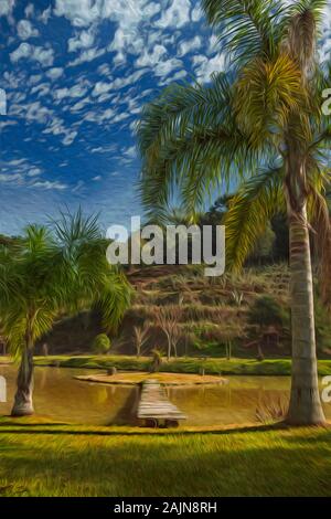 Holzsteg gehen zu einer kleinen Insel im Teich von einem Garten mit Palmen in der Nähe von Bento Goncalves. Ein Land, Stadt im südlichen Brasilien. Ölfarbe Filter Stockfoto