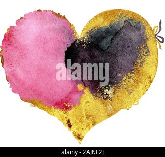 Aquarell rosa und schwarzen Herz mit einer spitzen Kante mit gold Anschläge Stockfoto