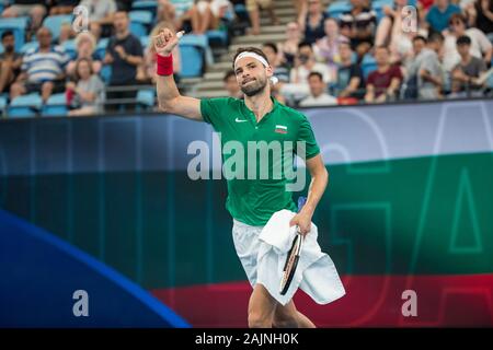 Sydney, Australien. 5 Jan, 2020. Grigor Dimitrov Bulgarien feiert nach der ATP-Cup Gruppe C Spiel gegen Radu Albot der Republik Moldau in Sydney, Australien, am Jan. 5, 2020. Credit: Zhu Hongye/Xinhua/Alamy leben Nachrichten Stockfoto