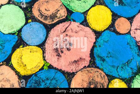 Abstrakte Muster der Runde mehrfarbige Baumstümpfen von oben geschossen Stockfoto