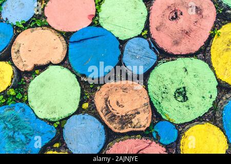 Abstrakte Muster der Runde mehrfarbige Baumstümpfen von oben geschossen Stockfoto