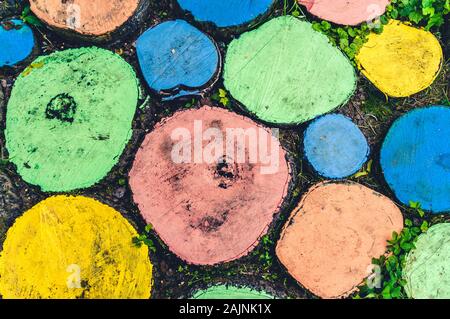 Abstrakte Muster der Runde mehrfarbige Baumstümpfen von oben geschossen Stockfoto