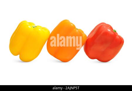 Drei Paprika in Gelb, Orange und Rot auf weißem Hintergrund Stockfoto