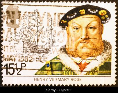 Altes Porträt von König Heinrich VIII. Auf britischer Briefmarke Stockfoto