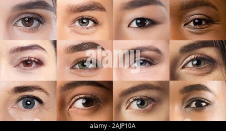 Collage von schönen weiblichen Augen mit Licht machen, Panorama, bis zu machen Stockfoto
