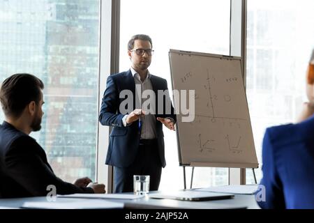 Im mittleren Alter Geschäftsmann vorliegende Projekt auf dem Whiteboard an Briefing Stockfoto