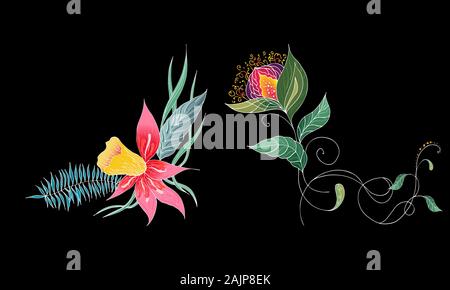 Satz von zwei Sommer bunten tropischen Blumen. Florale botanischen Blume auf schwarzen Hintergrund isoliert. Hand vektor Sammlung erstellt. Botanische Hawaii Stock Vektor