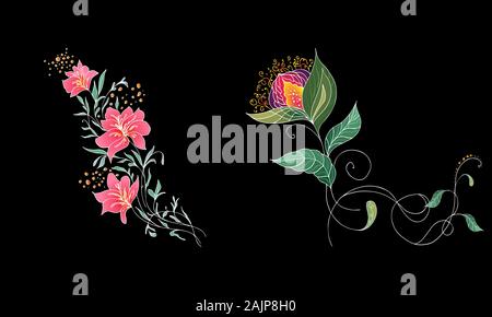 Satz von zwei Sommer bunten tropischen Blumen. Florale botanischen Blume auf schwarzen Hintergrund isoliert. Hand vektor Sammlung erstellt. Botanische Hawaii Stock Vektor