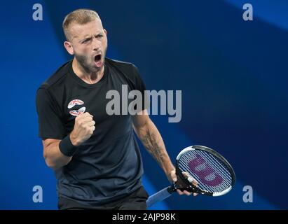 Sydney, Australien. 5 Jan, 2020. Daniel Evans von Großbritannien feiert beim ATP-Cup Gruppe C Spiel gegen David Goffin von Belgien in Sydney, Australien, am Jan. 5, 2020. Credit: Zhu Hongye/Xinhua/Alamy leben Nachrichten Stockfoto